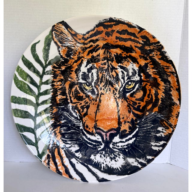 Orange Vietri "Into the Jungle" Tiger Hand-Painted Italian Shallow Serving Display Bowl For Sale - Image 8 of 8