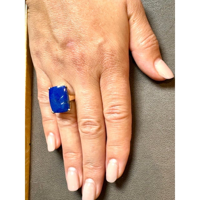 13 Ct Emerald cut Natural Lapis Lazuli Ring in 14 Kt Yellow Gold, Estate Size 8 For Sale - Image 11 of 18