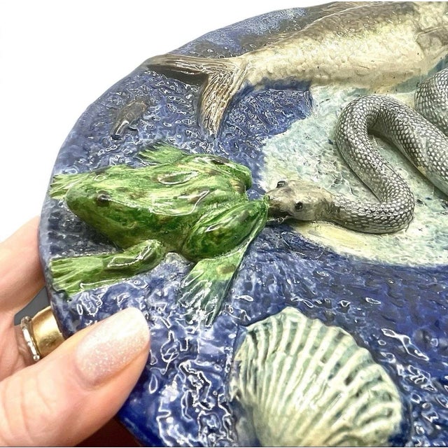 Blue Antique François Maurice French Palissy Majolica Snake Fish Platter Plaque 1880 For Sale - Image 8 of 12