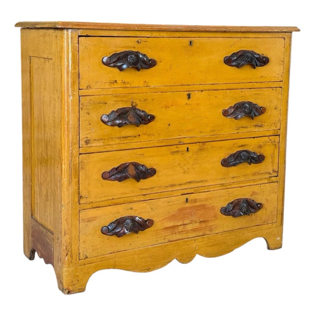 Antique American Pine Chest of Drawers With Carved Walnut Pulls in Original Mustard Finish For Sale