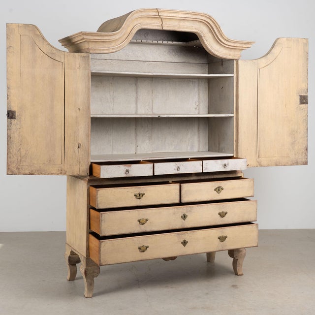 Late 18th century cabinet, crafted in pine with dovetail joinery and a newer professionally applied layered painted...