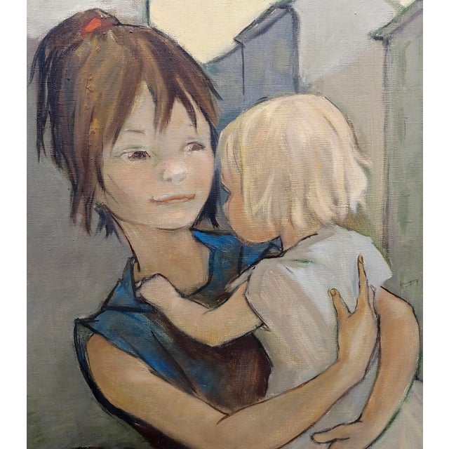 1950s French Mother With Her Two Kids Oil Painting by Pierre Le Faguays For Sale - Image 5 of 11