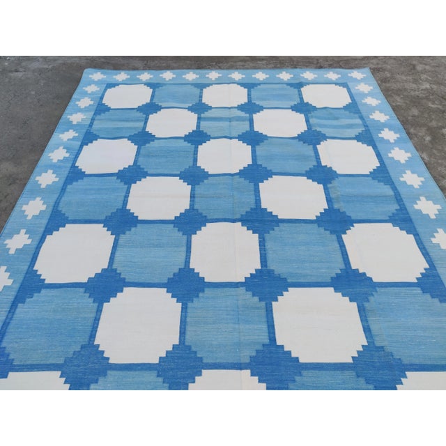 Textile Handmade Cotton Natural Vegetable Dyed Reversible Blue and White Box Pattern Vista Rug - 12'x15' For Sale - Image 7 of 11