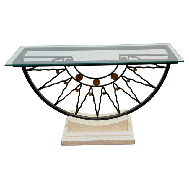 Southwest Style Mid-Century Sunburst Console Table Travertine Base and Glass Top For Sale - Image 4 of 18