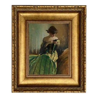 Portrait of Woman in Black and Green Dress Print on Canvas 8x10" Framed For Sale
