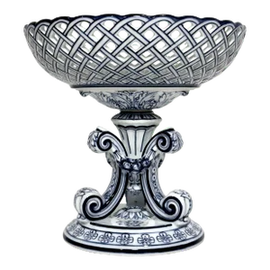 1980s Blue & White Lattice Work Raised Compote by Bombay Co.