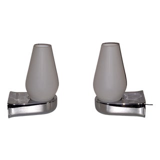 Vintage Wall Lamps with Chrome-Plated Plastic Bases and White Opal Glass Shades from Hoffmeister-Leuchten, 1980s, Set of 2 For Sale