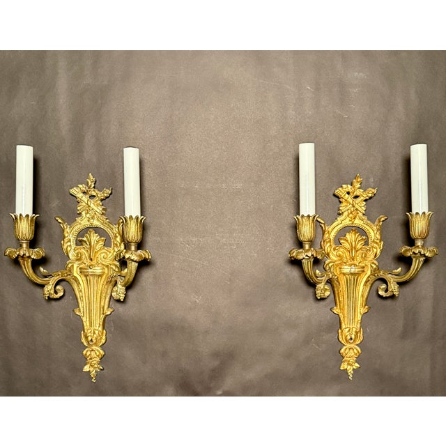 Early 20th Century Pair of Louis XVI Style Gilt Bronze Two Arm Wall Sconces For Sale - Image 9 of 9