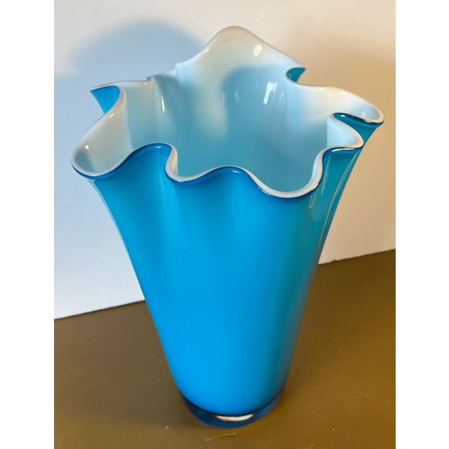 Early 21st Century Vintage 16-In. Tall Art Glass Handkerchief Sky Blue Vase With White Cased Glass Interior For Sale - Image 5 of 12