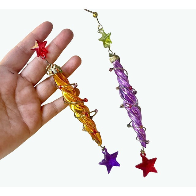 Pop Art Vintage Swirl Glass Icicle Ornaments – Yellow & Purple, Rhinestone Stars, Set of 2 - 6" For Sale - Image 3 of 7