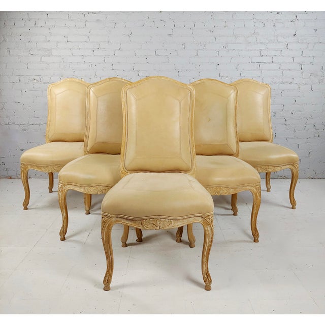 Robert Scott Fabulous Louis XV Leather upholstered Dining Chairs -Set of 6 Distressed Limed Oak Wood with beige leather...