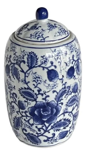 Vintage Chinoiserie Blue & White Floral Chinese Guan-Style Porcelain Lidded Ginger Jar