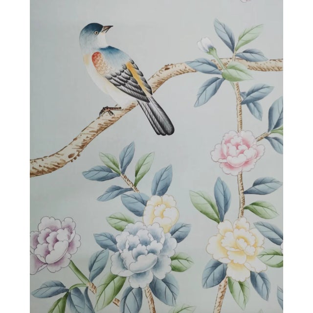 Hand Painted Chinoiserie Wallpaper Mural With Floral Branches, Birds and Botanical Garden Scene For Sale - Image 9 of 11