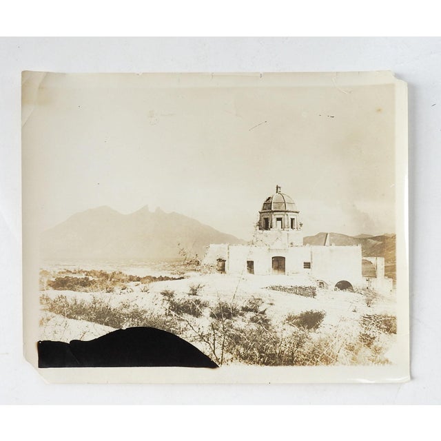 Circa 1920's silver gelatin photograph of what looks to be the ruins of an old Spanish mission in the desert with...