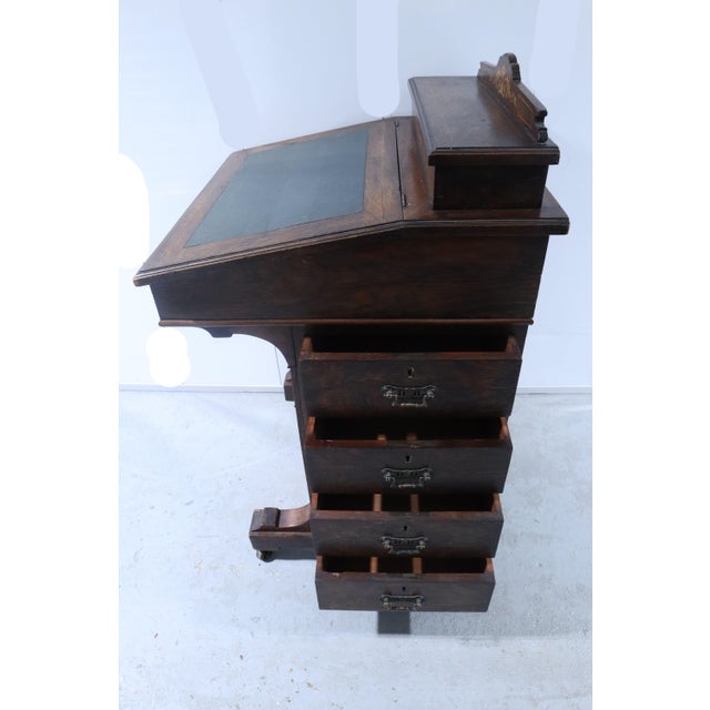 Brown Mid 19th Century Beautiful Antique Rosewood Marquetry Writing Desk With Dual Flip Tops, Drawers & Wheels For Sale - Image 8 of 13