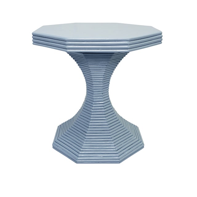 Wood Matthew Izzo Home - Octaviao Light Blue Rattan Reeded Octagonal Side Table For Sale - Image 7 of 7