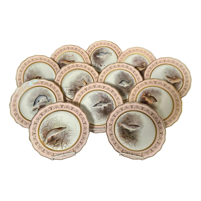 Early 20th Century Cauldon England Painted Porcelain Fish Plates - Set of 12 For Sale