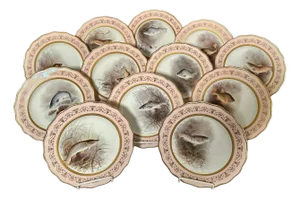 Early 20th Century Cauldon England Painted Porcelain Fish Plates - Set of 12