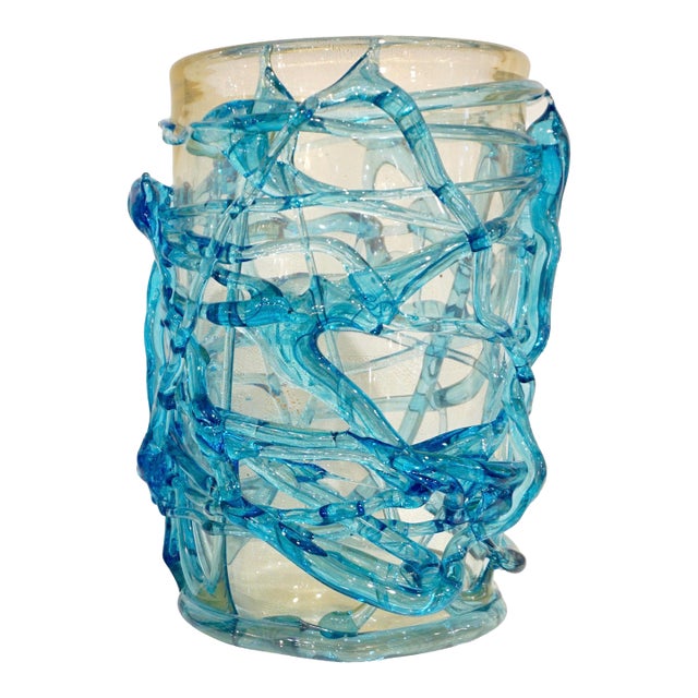 2000 Cenedese Italian Modern Aqua Blue 24 Kt Gold Murano Glass Art Vase For Sale