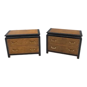 Burl Wood Black Lacquer Solid Brass Drop Pull 2 Drawer Night Stands - A Pair