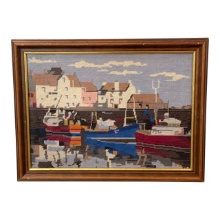 Vintage Handmade Textile Art in Needlepoint, Nautical Ocean Waterfront Boats in Port Harbor Needlepoint For Sale