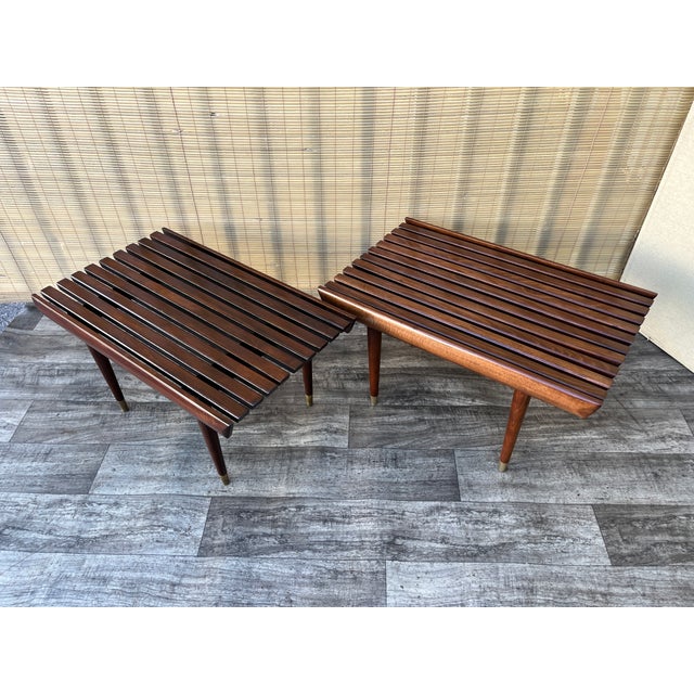 A Pair of Newly Restored Mid Century Modern George Nelson Style Wood Slat Benches / Side Tables. For Sale - Image 12 of 18