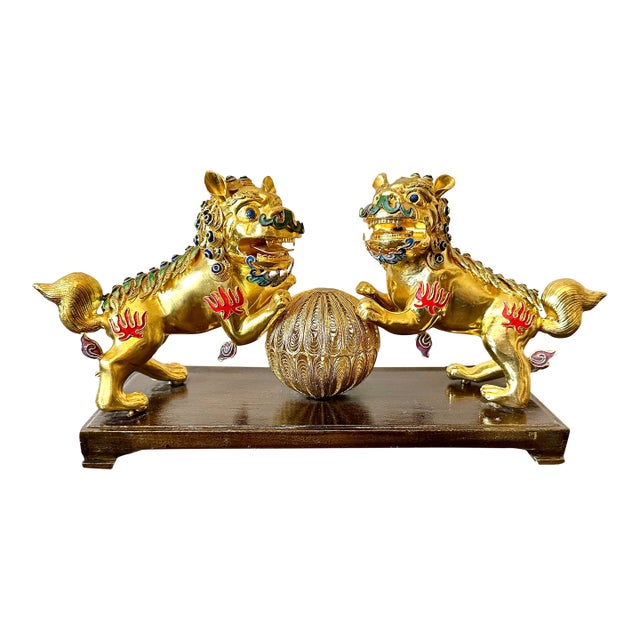 Gold Gilt Cloisonné Filagree Foo Dogs For Sale