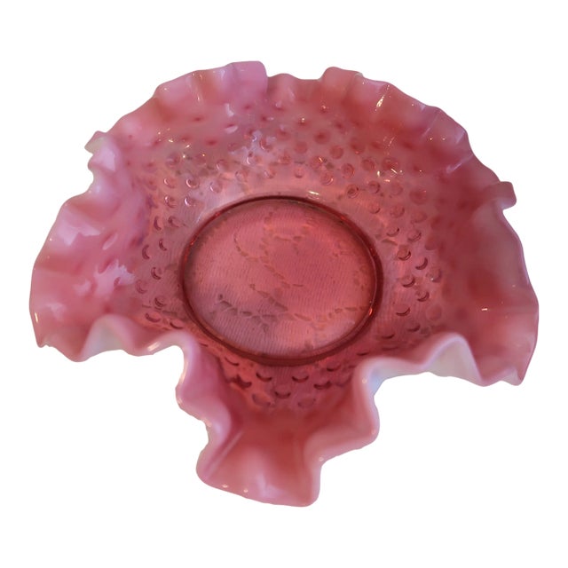 Vintage Fenton Cranberry Opalescent Ruffled Edge Hobnail Bowl Brides Basket Bon Bon Dish For Sale