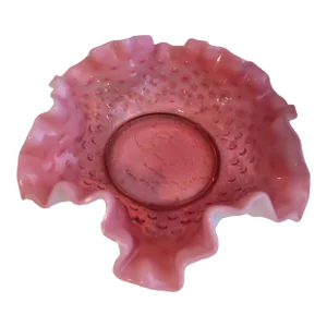 Vintage Fenton Cranberry Opalescent Ruffled Edge Hobnail Bowl Brides Basket Bon Bon Dish