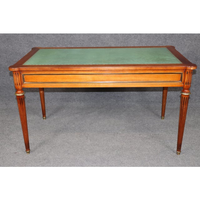 French Louis XVI Style Leather Top Mahogany Brass Mounted Desk For Sale - Image 4 of 15