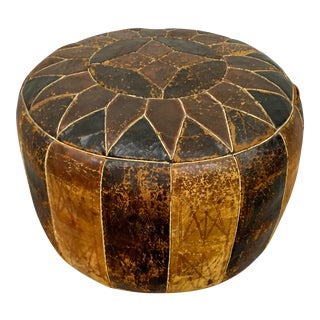 Vintage Moroccan Leather Patchwork Ottoman Footstool For Sale