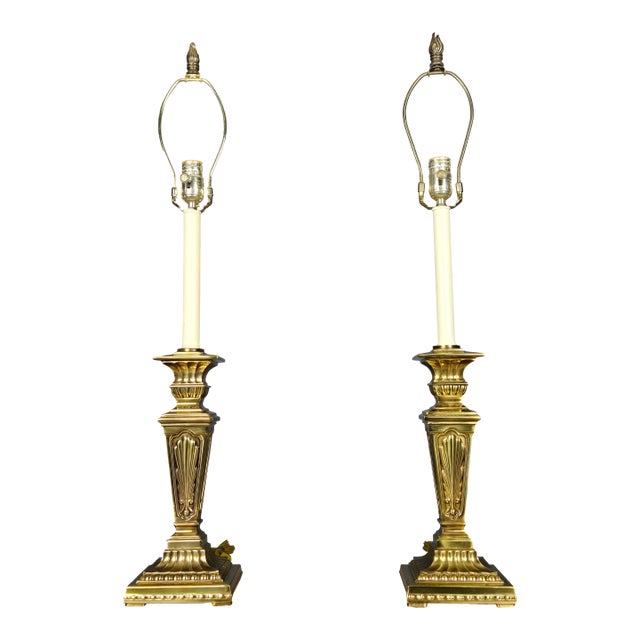 Pair Stiffel Brass Column Faux Candlestick Table Buffet Lamps For Sale