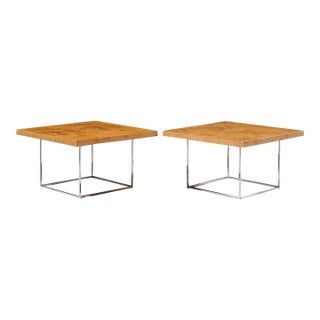 Milo Baughman for Thayer Coggin Style Mid Century Burlwood and Chrome Side Tables - Pair For Sale