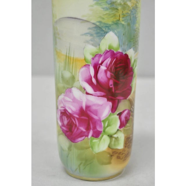 Early 20th Century Antique Nippon Hand Painted Pink Rose & Lake Scene Small Porcelain Cylinder Vase For Sale - Image 5 of 14