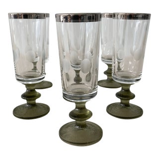 1970s Italian Brutalist Cordial / Shot Glasses With Etched Dots & Green Stem- Set of 6 For Sale
