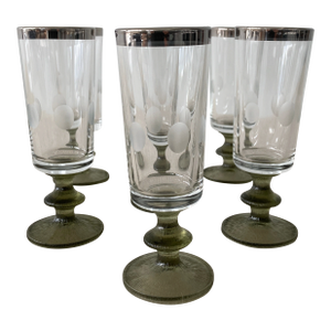 1970s Italian Brutalist Cordial / Shot Glasses With Etched Dots & Green Stem- Set of 6