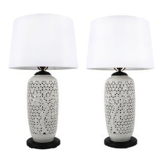 Vintage Reticulated Blanc De Chine Table Lamps, a Pair For Sale