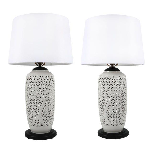 Vintage Reticulated Blanc De Chine Table Lamps, a Pair For Sale