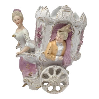 Antique German Bisque Porcelain Figural Carriage Chariot Vase Planter Gold Gilt For Sale