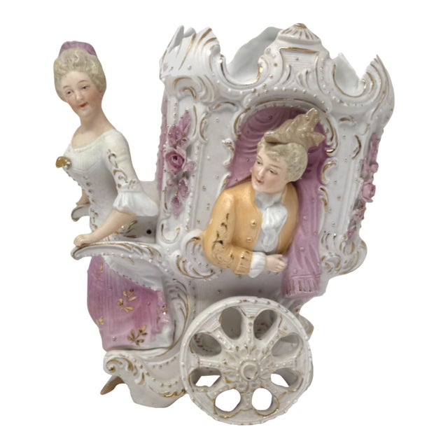 Antique German Bisque Porcelain Figural Carriage Chariot Vase Planter Gold Gilt For Sale