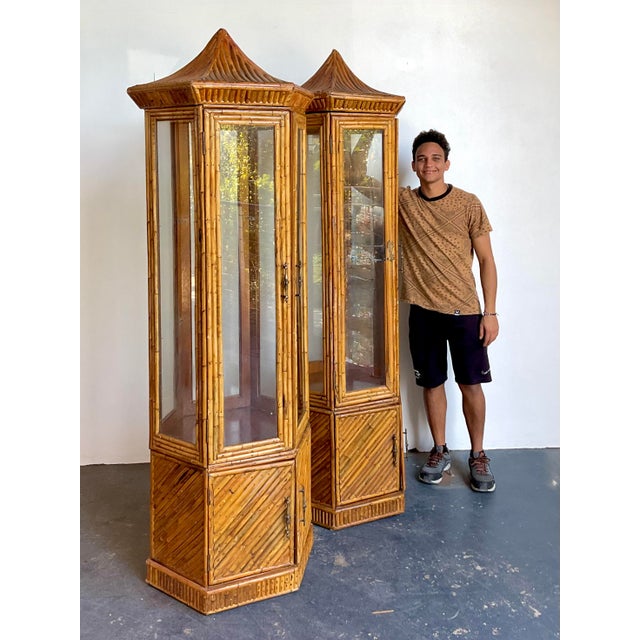 Wood Vintage Pagoda Split Rattan Tall Cabinets - A Pair For Sale - Image 7 of 12