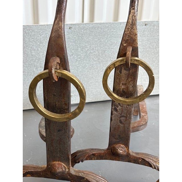 Brown Vintage Brass Hammered Flower Fireplace Andirons For Sale - Image 8 of 10