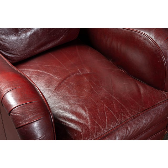 Late 20th Century Pair of Plush Leather Armchairs With Ottoman in Burgundy For Sale - Image 15 of 18