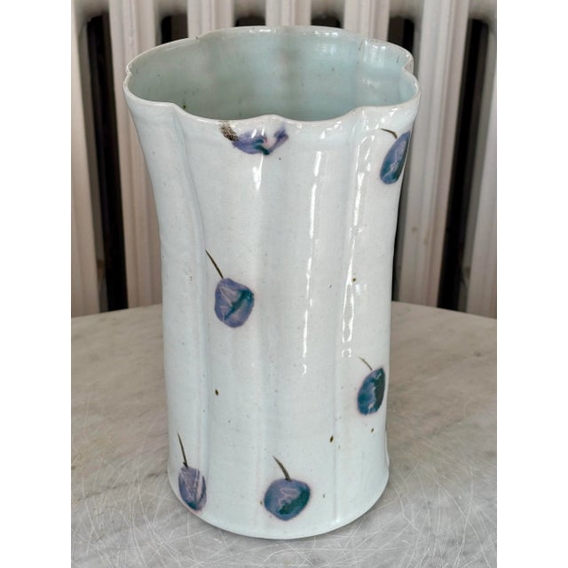 1990s Tall Folk Art Berry Scalloped Pottery Vase, Signed For Sale - Image 6 of 10