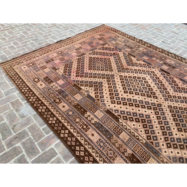 2000 - 2009 Handwoven Maimana Ghalmori Kilim Rug in Brown, Blue and Rose, 9.6 X 13.6 Ft For Sale - Image 5 of 12