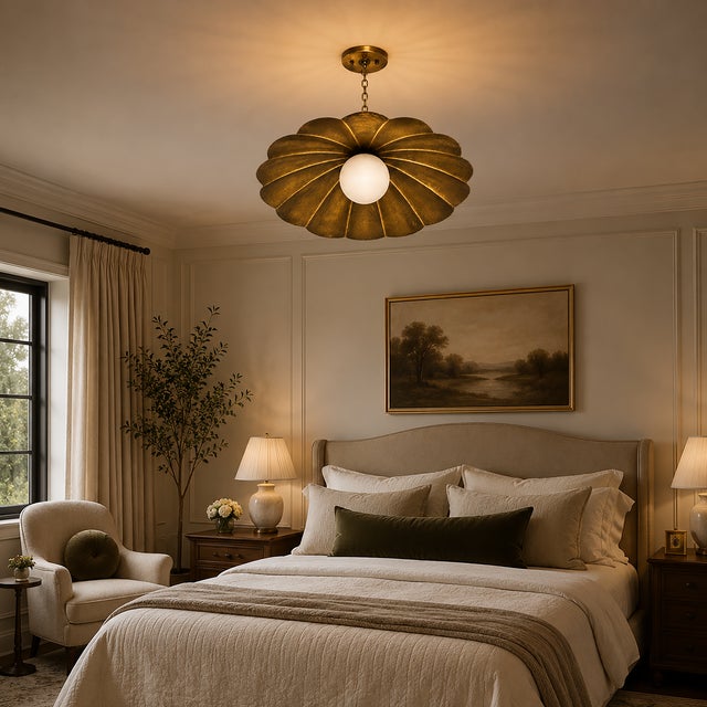 Scalloped Brass Semi Flush Ceiling Light, Vintage Flower Pendant Fixture With Milk Glass Globe For Sale - Image 4 of 12