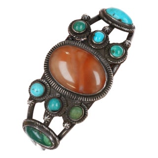 6.5" 30's Navajo Silver, Turquoise, Agate Cuff Bracelet For Sale