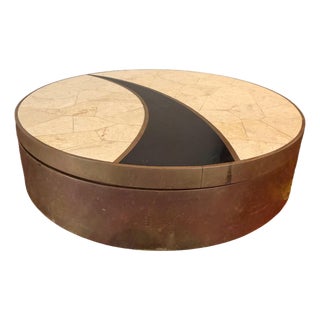 Vintage Tessellated Stone Round Box With Brass Inlay For Sale