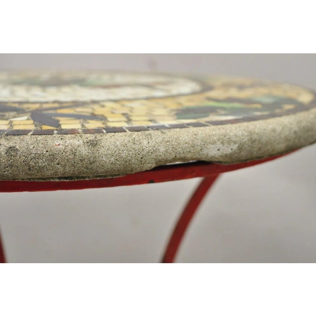 Yellow Dragonfly Mosaic Tile Round Stone Top Iron Base Patio Side Tables - a Pair For Sale - Image 8 of 13
