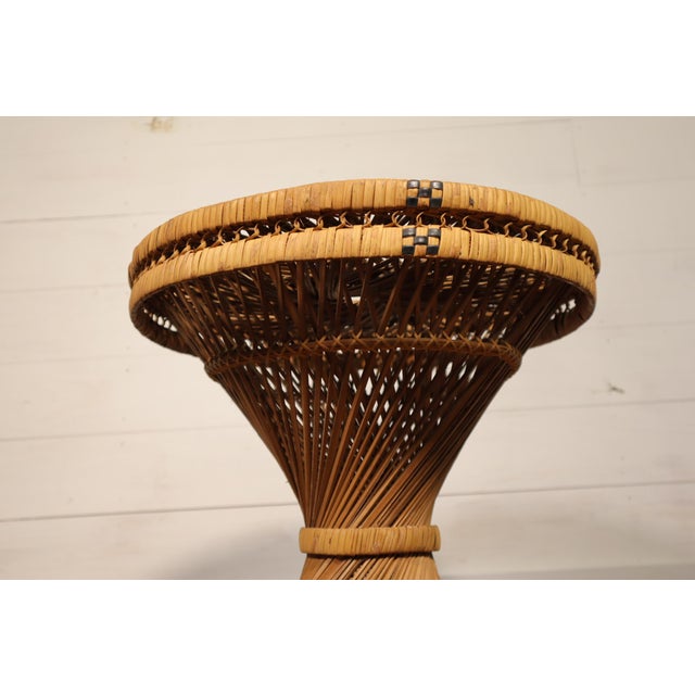 Vintage Wicker Rattan Emmanuelle Peacock Ottoman or Table Woven Pattern Cane 70's Retro Mid Century Modern Eclectic Boho Weave Foot Stool For Sale - Image 4 of 6